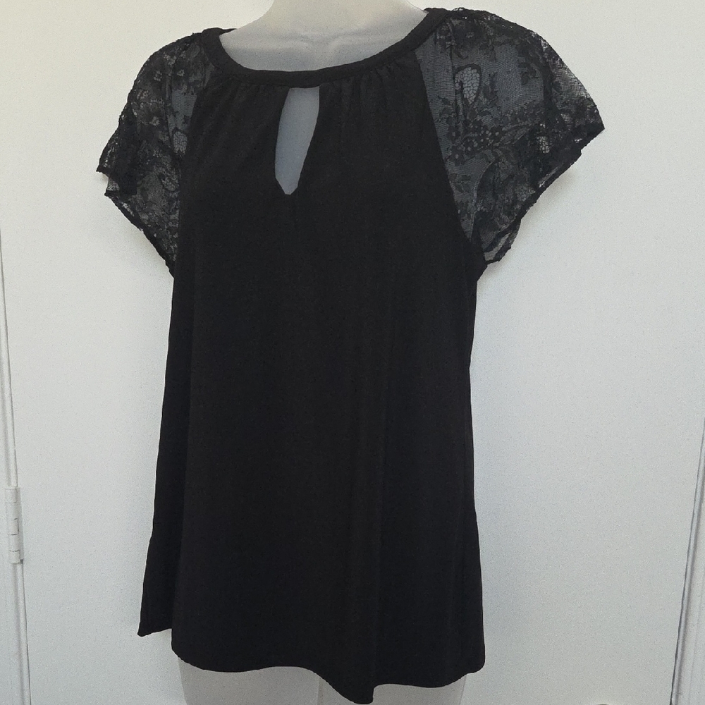 NWT White House Black Market Black Blouse Chic Style with Lace Short Sleeves